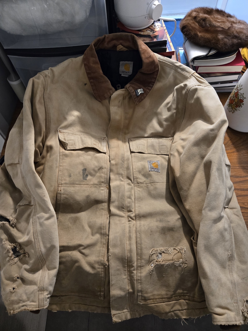 Carhartt Men's Tan Duck Work Jacket with Brown Corduroy Collar